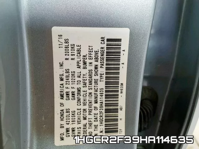 1HGCR2F39HA114635 фото 2