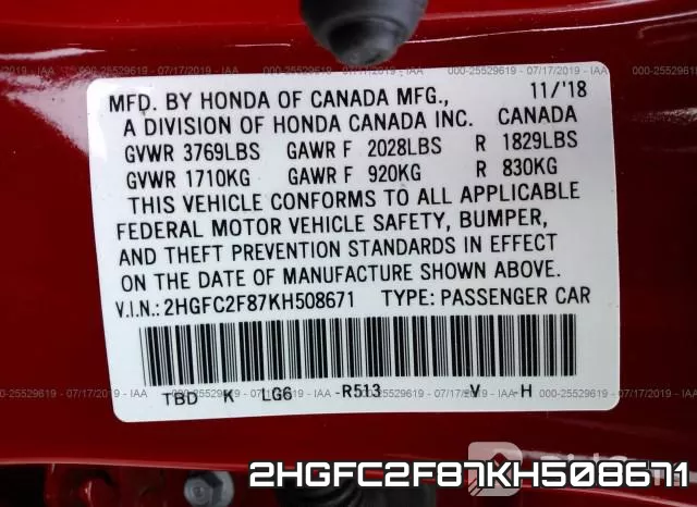 2HGFC2F87KH508671 фото 10