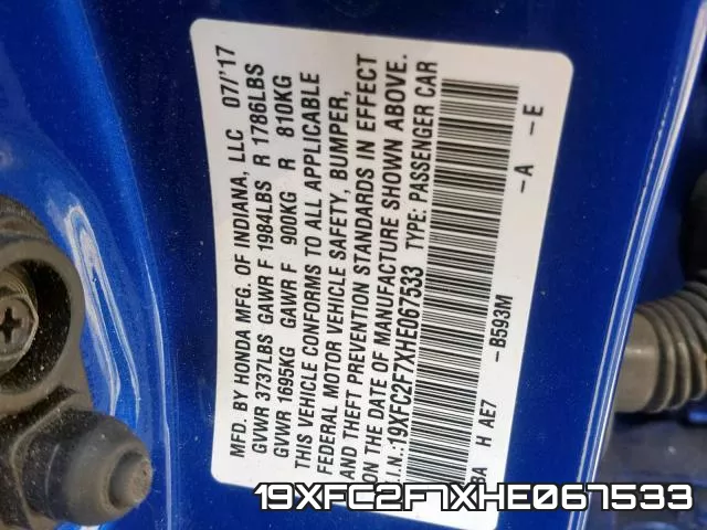 19XFC2F7XHE067533 фото 2
