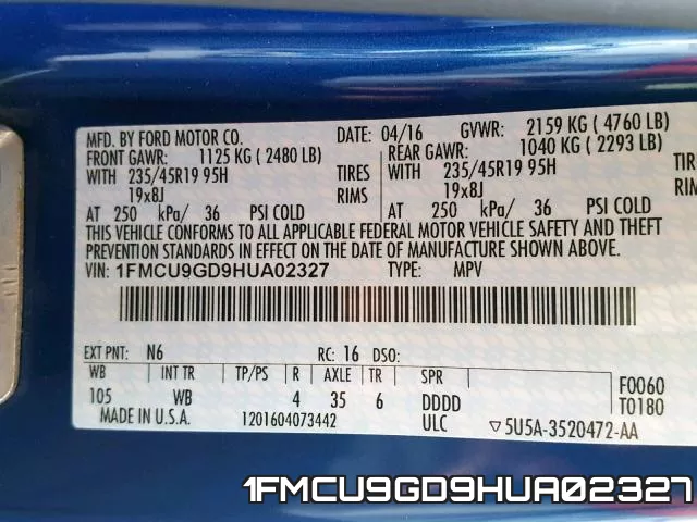 1FMCU9GD9HUA02327 фото 2