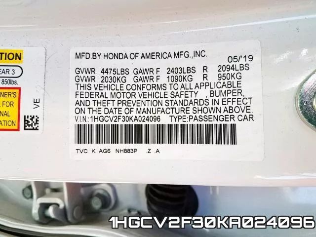 1HGCV2F30KA024096 фото 2
