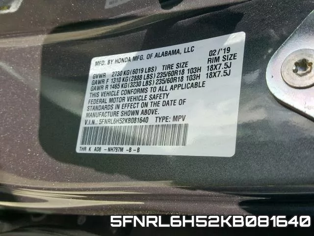 5FNRL6H52KB081640 фото 2
