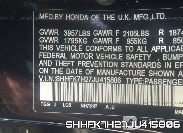 SHHFK7H27JU415806 фото 10