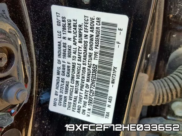 19XFC2F72HE033652 фото 2