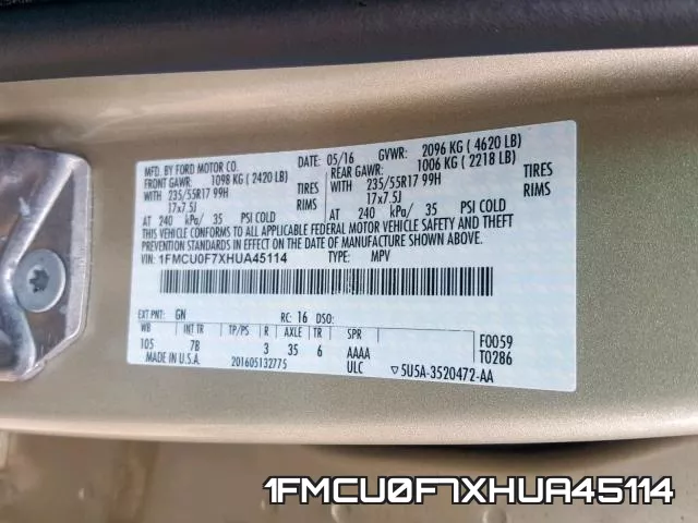 1FMCU0F7XHUA45114 фото 2