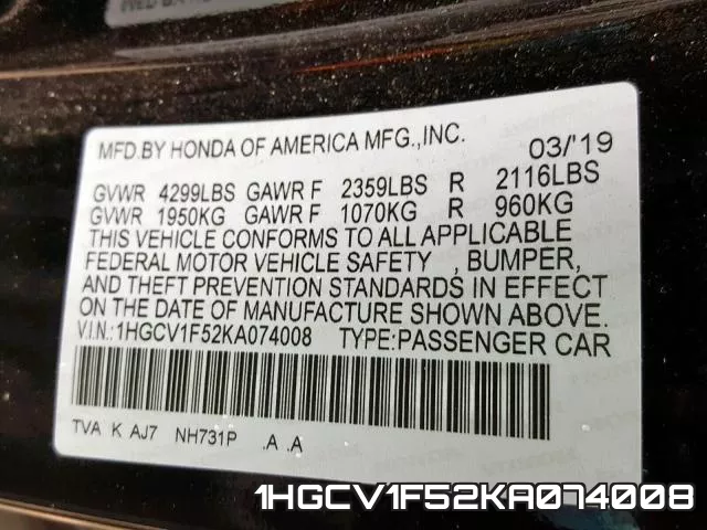 1HGCV1F52KA074008 фото 2