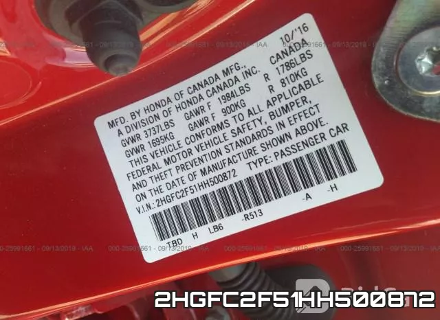 2HGFC2F51HH500872 фото 10
