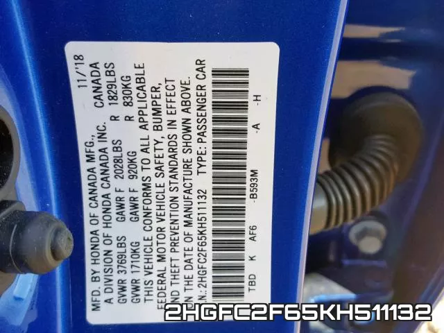 2HGFC2F65KH511132 фото 2