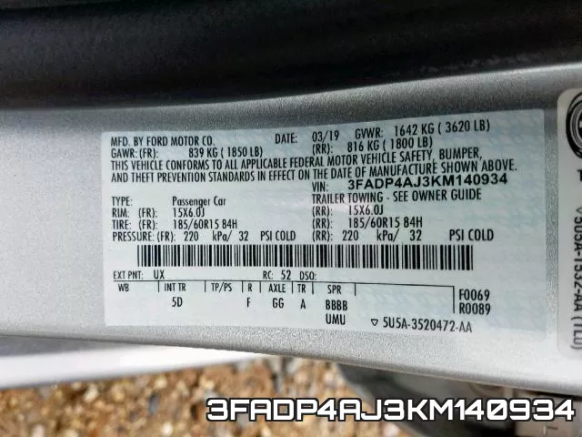 3FADP4AJ3KM140934 фото 2