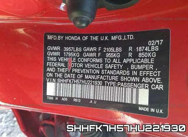 SHHFK7H57HU221930 фото 10