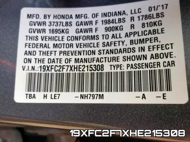 19XFC2F7XHE215308 фото 2