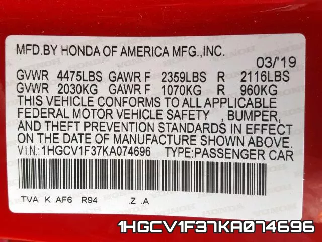 1HGCV1F37KA074696 фото 2