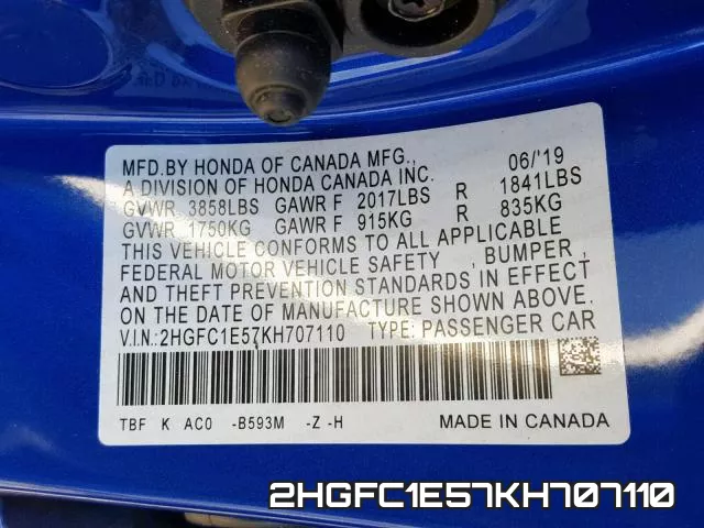 2HGFC1E57KH707110 фото 2