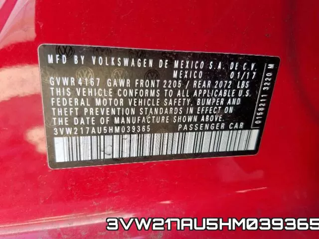 3VW217AU5HM039365 фото 2