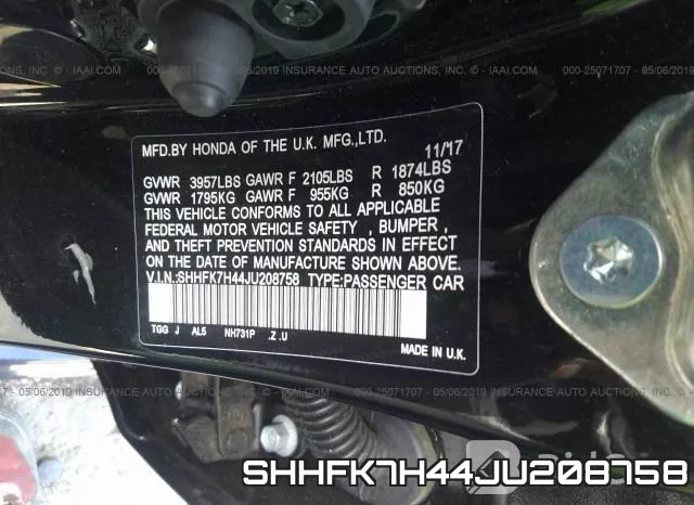SHHFK7H44JU208758 фото 10