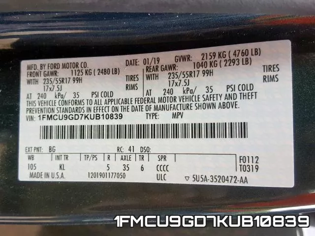 1FMCU9GD7KUB10839 фото 2