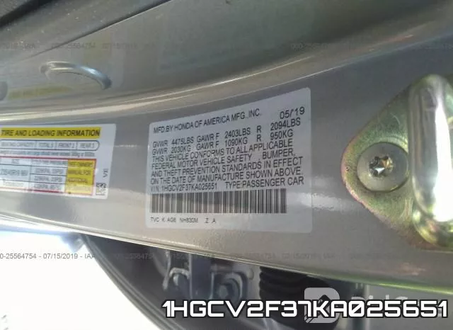 1HGCV2F37KA025651 фото 10