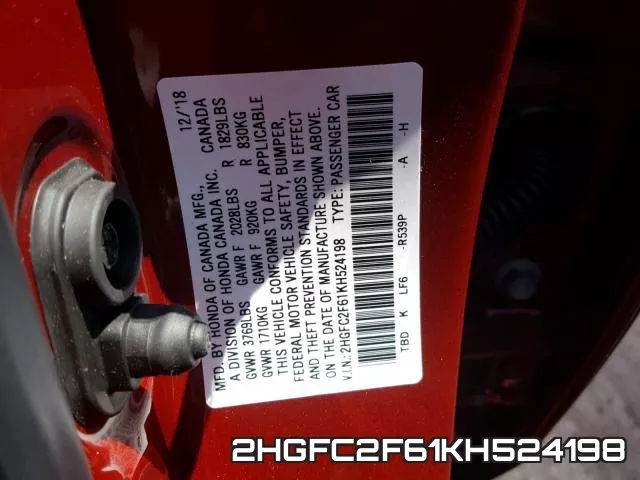 2HGFC2F61KH524198 фото 2