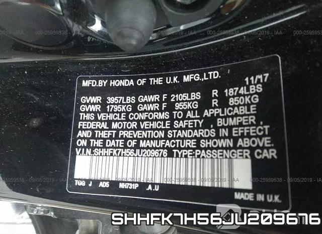 SHHFK7H56JU209676 фото 10