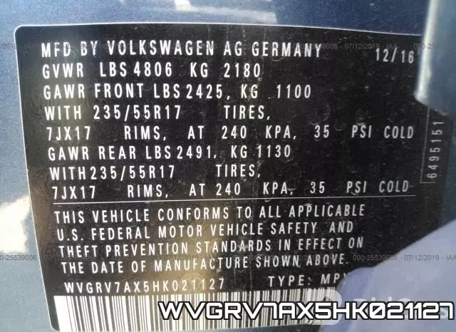 WVGRV7AX5HK021127 фото 10