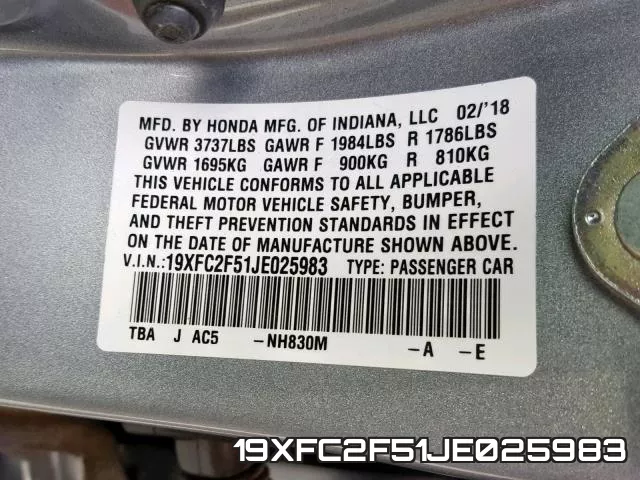 19XFC2F51JE025983 фото 2