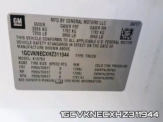 1GCVKNECXHZ311944 фото 2
