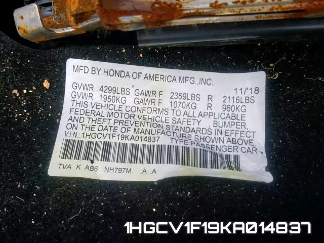1HGCV1F19KA014837 фото 2