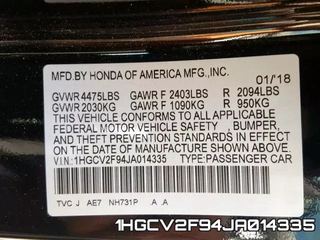 1HGCV2F94JA014335 фото 2