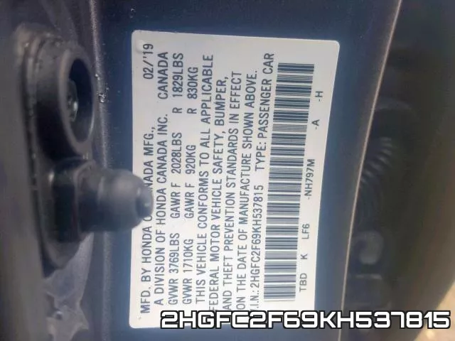 2HGFC2F69KH537815 фото 2