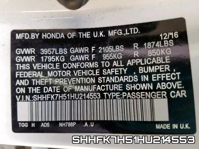 SHHFK7H51HU214553 фото 2