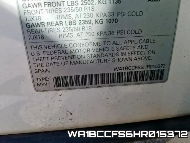 WA1BCCFS6HR015372 фото 2