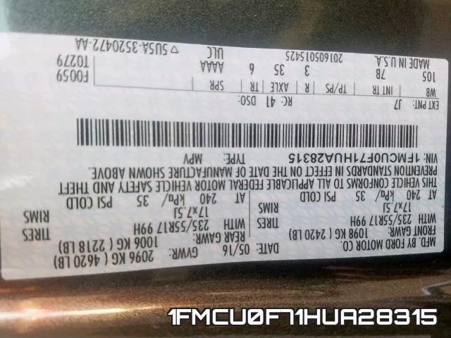 1FMCU0F71HUA28315 фото 2