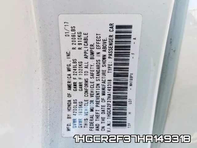 1HGCR2F37HA149318 фото 2
