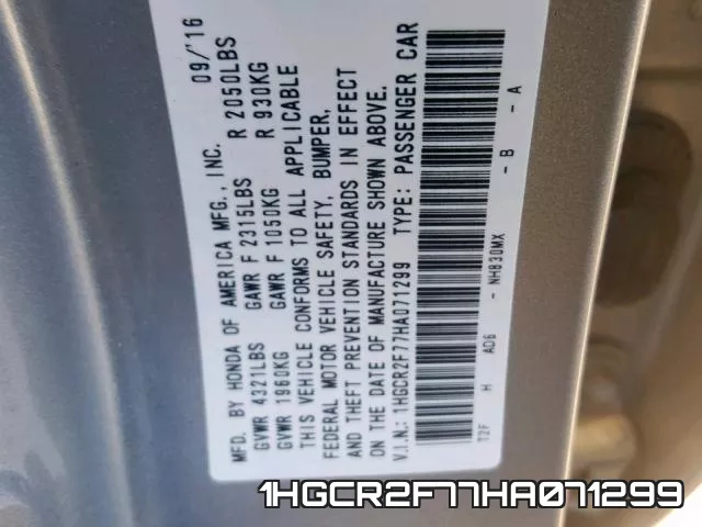 1HGCR2F77HA071299 фото 2