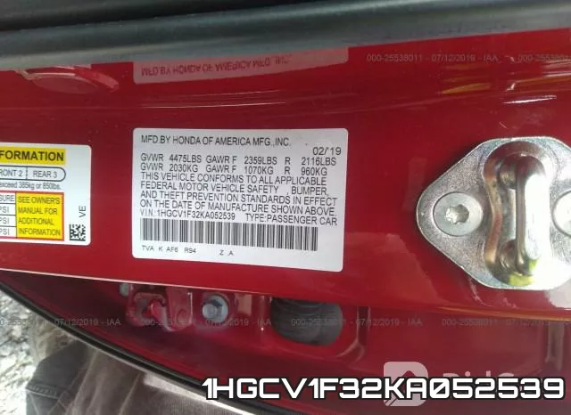 1HGCV1F32KA052539 фото 10