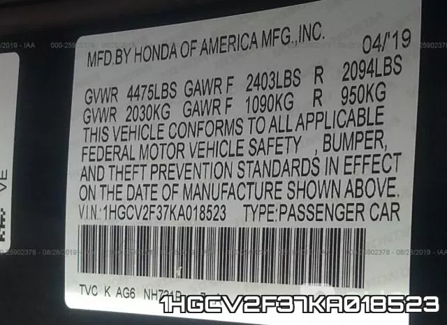 1HGCV2F37KA018523 фото 10