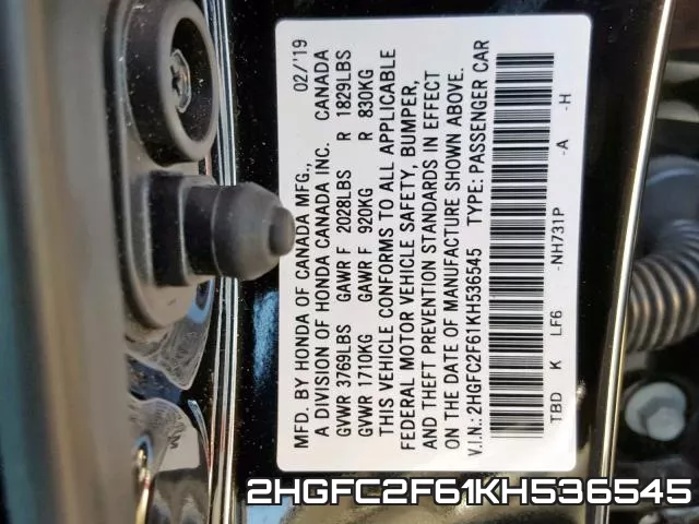 2HGFC2F61KH536545 фото 2