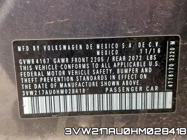 3VW217AU0HM028418 фото 2