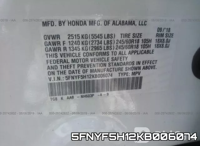 5FNYF5H12KB006074 фото 10