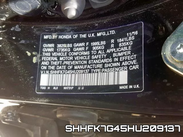 SHHFK7G45HU209137 фото 2