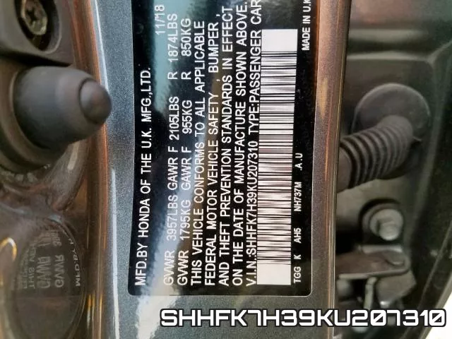 SHHFK7H39KU207310 фото 2