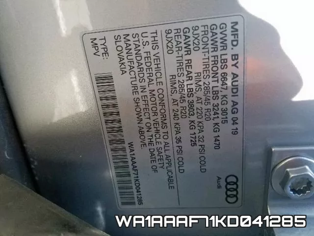 WA1AAAF71KD041285 фото 2