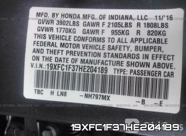19XFC1F37HE204189 фото 10