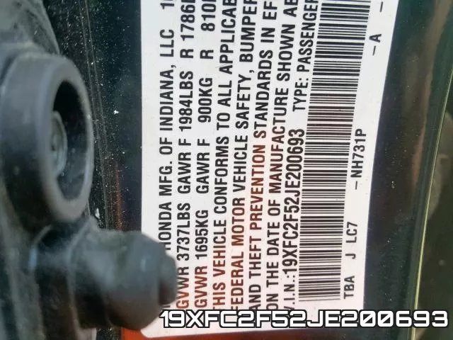 19XFC2F52JE200693 фото 2