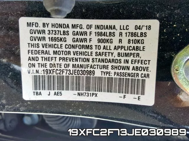 19XFC2F73JE030989 фото 2