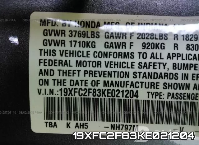 19XFC2F83KE021204 фото 10