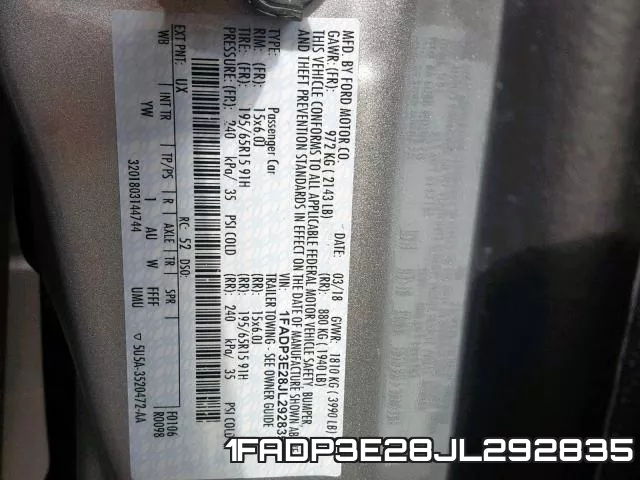 1FADP3E28JL292835 фото 2
