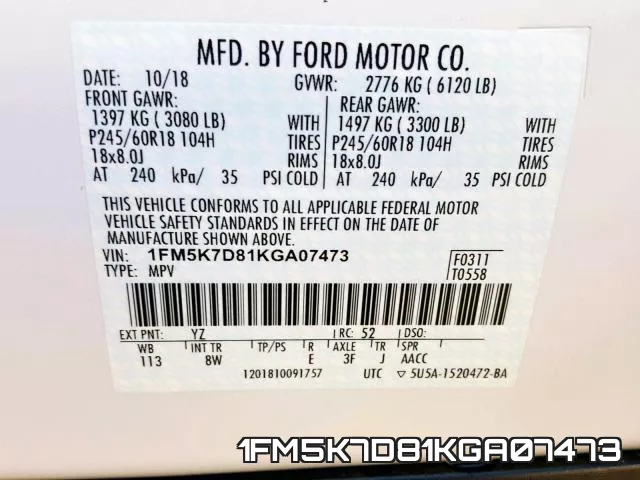 1FM5K7D81KGA07473 фото 2