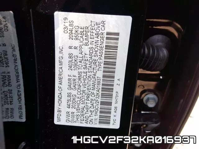 1HGCV2F32KA016937 фото 2