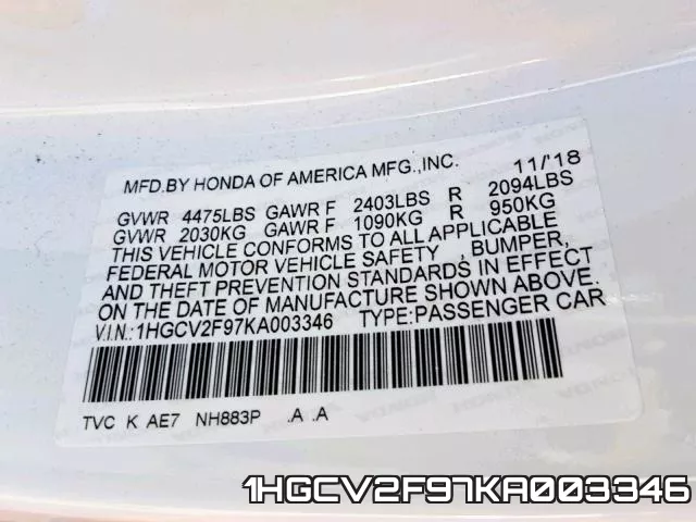 1HGCV2F97KA003346 фото 2